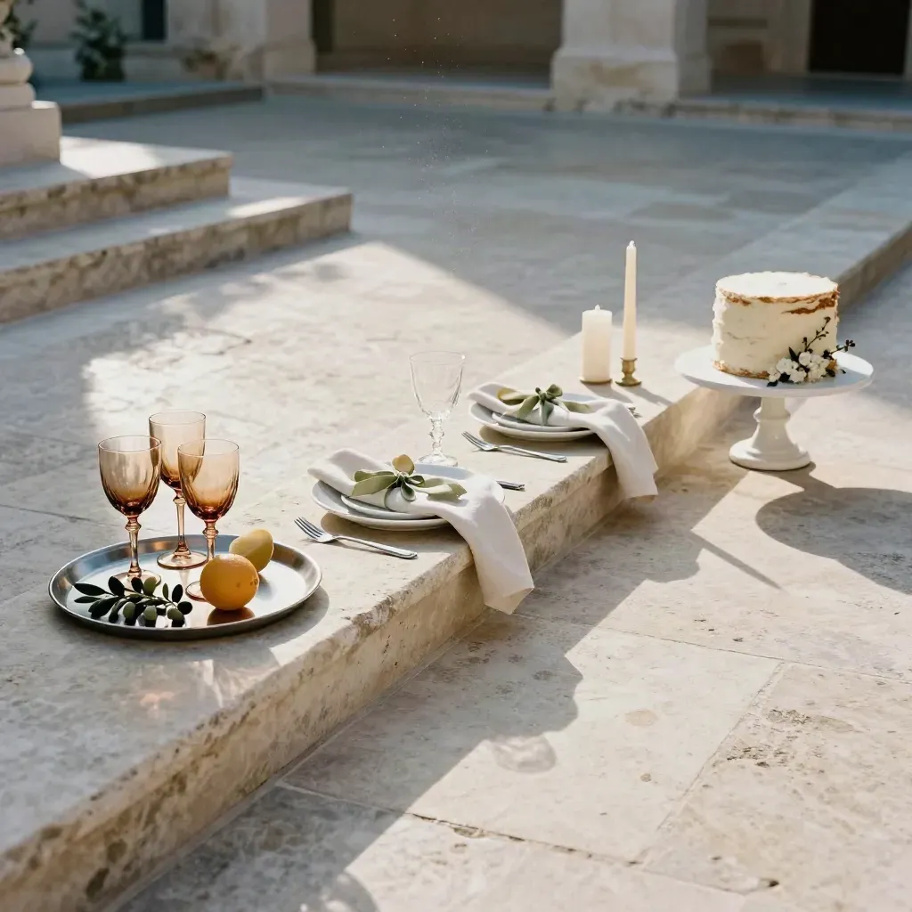 Percorso ricevimento in cortile in pietra: aperitivo, tavola e torta in sequenza.
