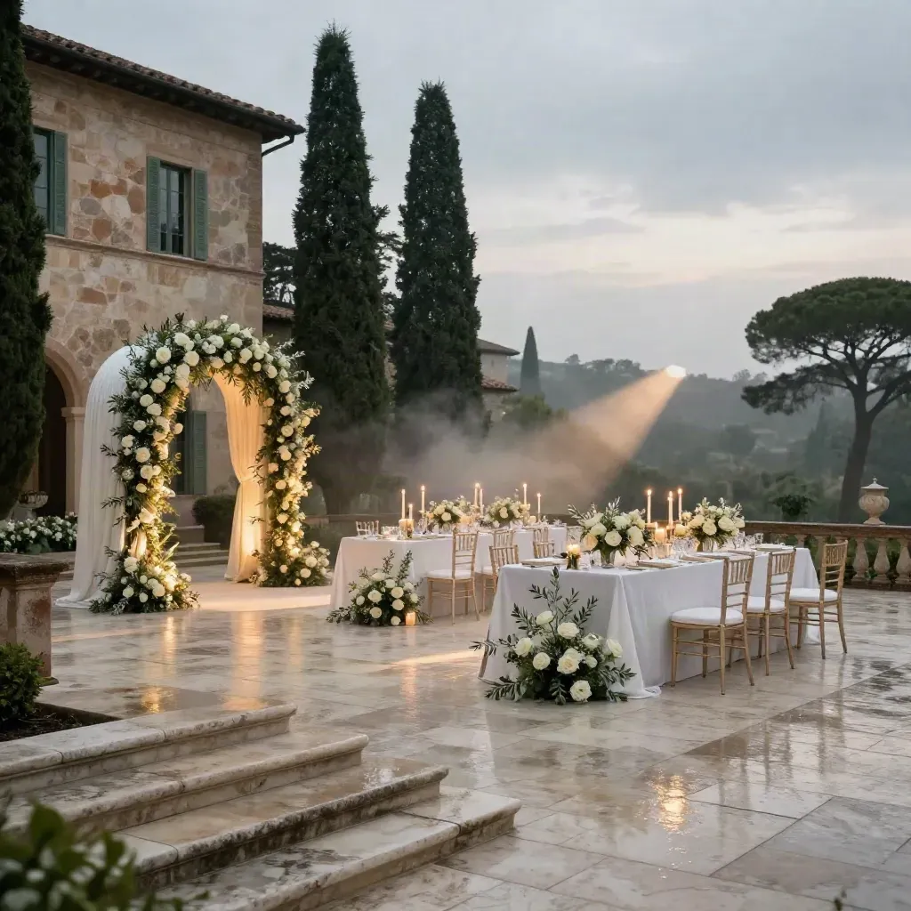 Terrazza toscana per nozze con archi, tavoli in lino e candele dopo la pioggia al tramonto