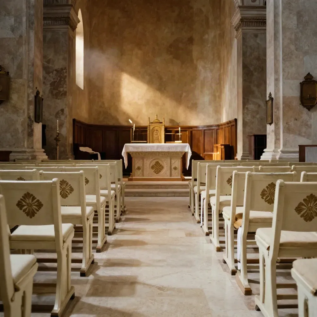 Navata di cappella romana con sedie avorio, marker floreali e luce d’altare tra incenso.