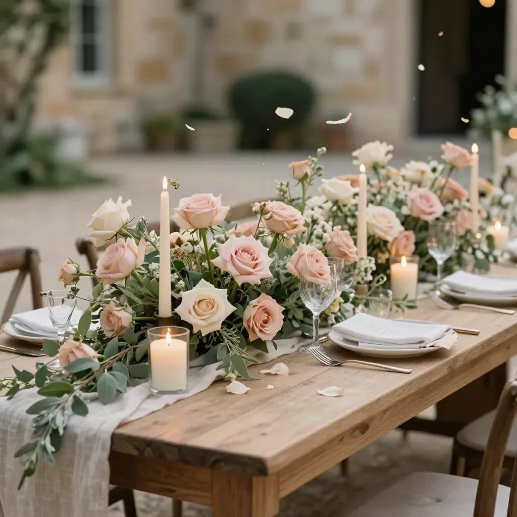 Tavolo nuziale con rose cipria, candele crema e ghirlande salvia su legno vissuto.
