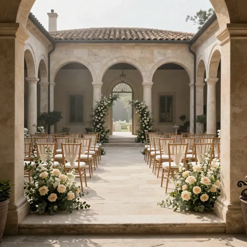 Cortile di villa con sedie allineate, navata in pietra chiara e due angoli floreali nel mattino
