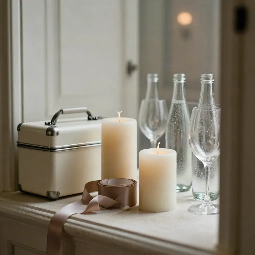 Sideboard di supporto con candele, nastri, kit chiuso e bicchieri vicino a una porta