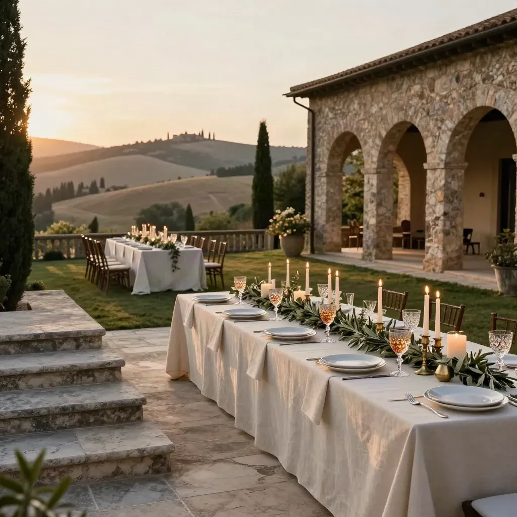 Tavola nuziale e architetture toscane al tramonto in Val d'Orcia, atmosfera elegante