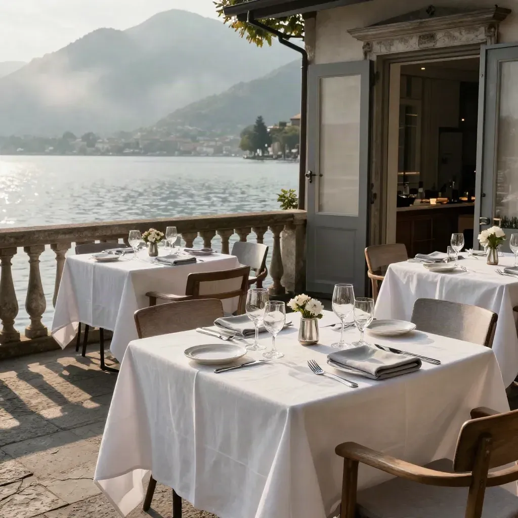 Terrazza sul Lago di Como con tavoli apparecchiati, bicchieri e lieve foschia sul lago