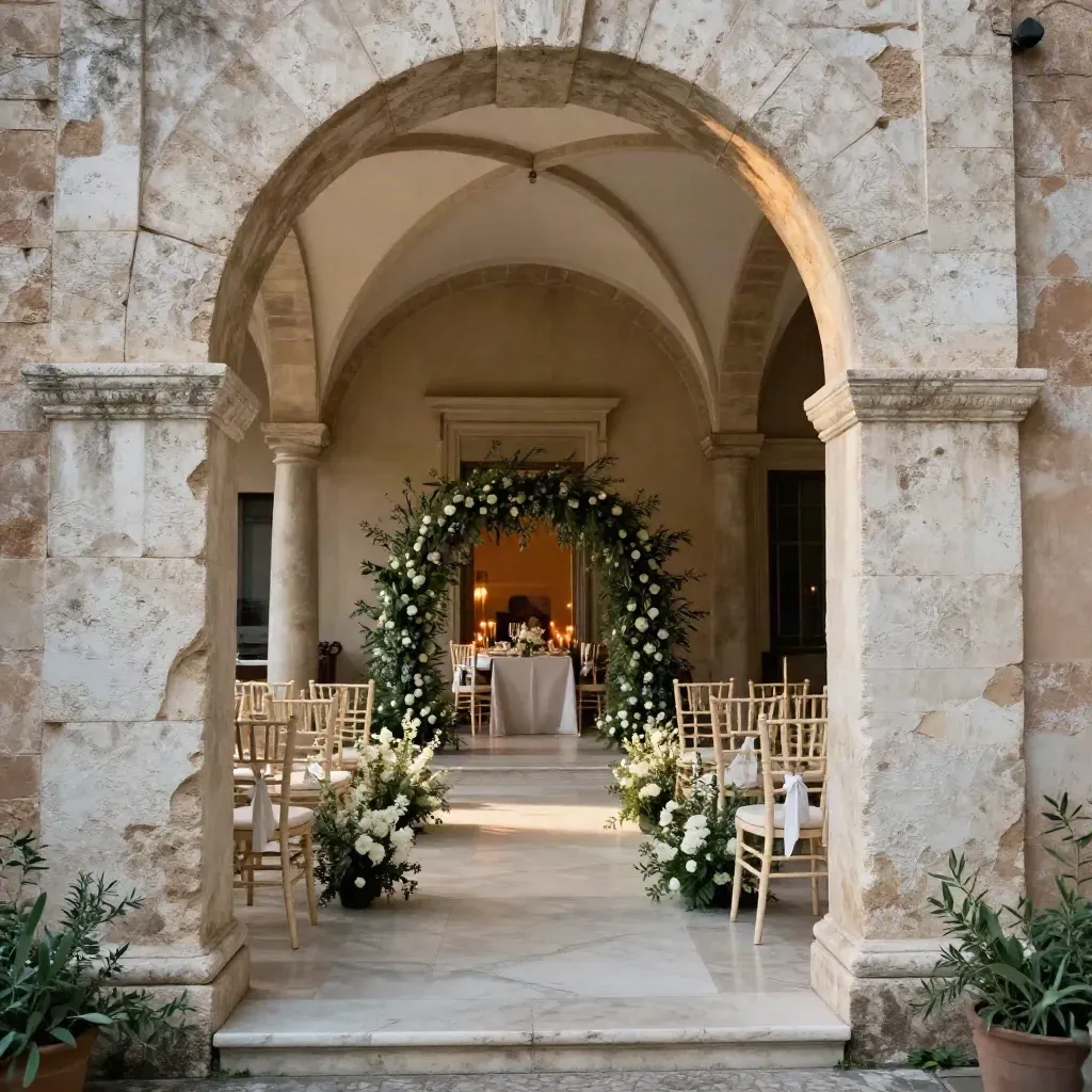 Cortile romano con sedie per cerimonia, scalini in marmo e sala cena illuminata dai colonnati.