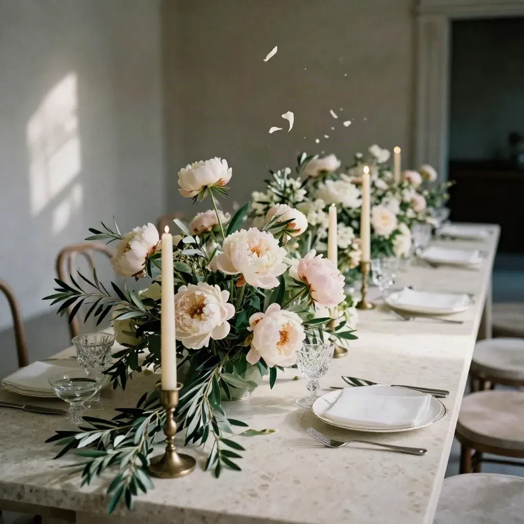 Allestimento floreale con peonie cipria, salvia e candele su tavola elegante.