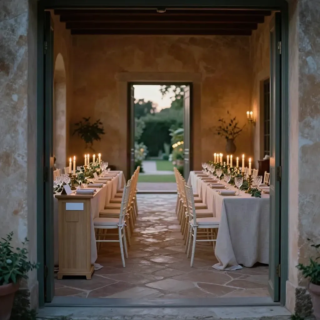 Sala di villa veronese pronta per il ricevimento, luci calde del tramonto e sedie apparecchiate.