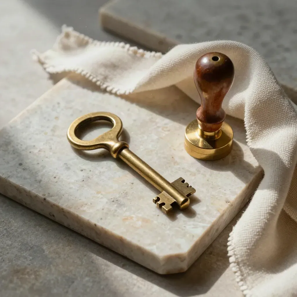 Chiave in ottone, sigillo in ceralacca e nastri di lino su travertino, macro raffinata