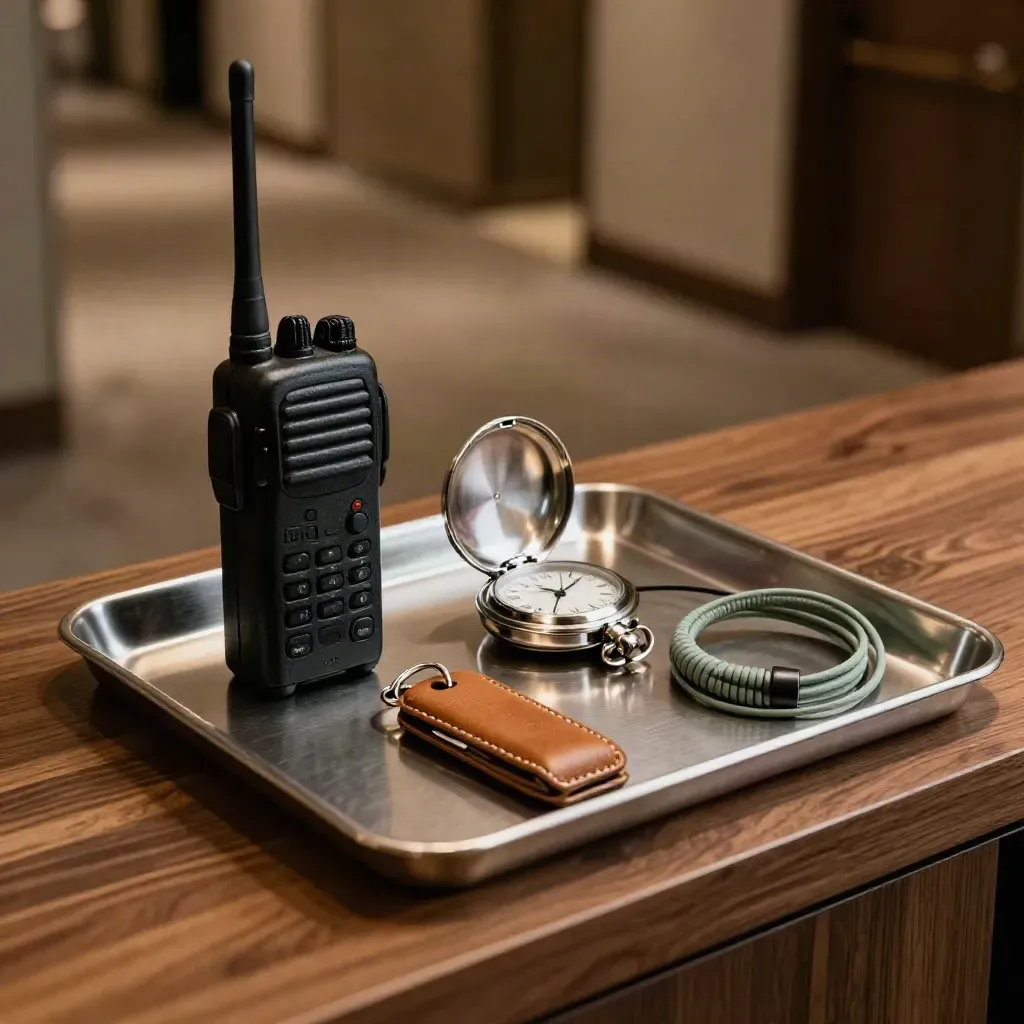 Kit coordinatore in vassoio d’acciaio con radio, orologio, portachiavi e auricolare