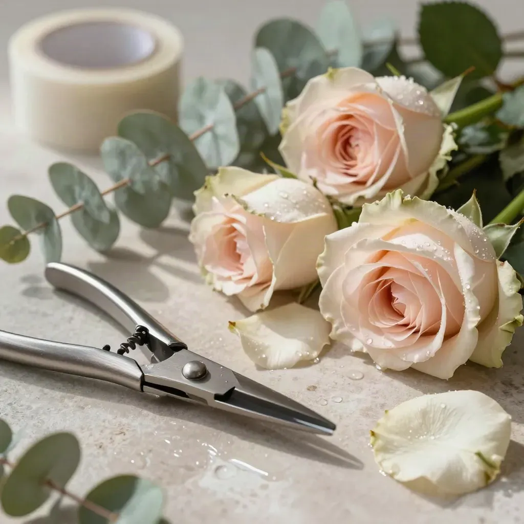 Cesoie floreali, rose eucalipto e nastro su pietra bagnata