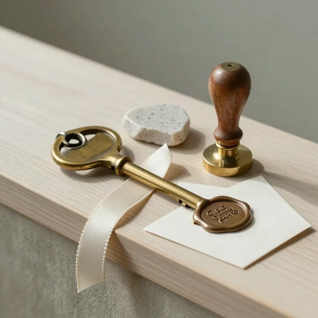Chiave in ottone, campione pietra, nastro crema e timbro ceralacca su legno chiaro