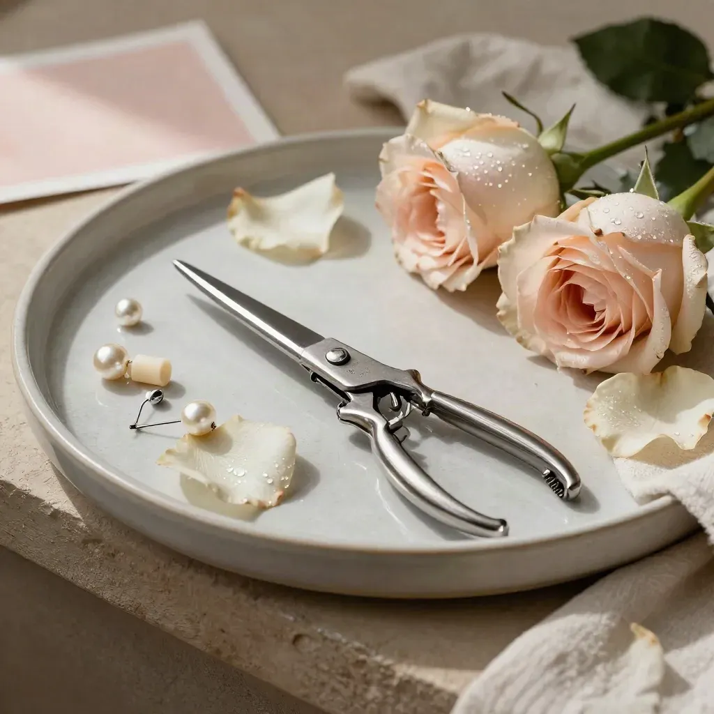 Forbici floreali, spille perlate e rose pallide su vassoio ceramico e lino cipria.