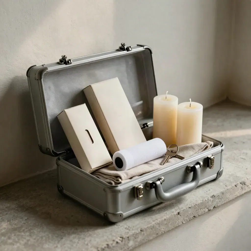 Kit nozze, scatola boutonnière, candele e chiavi su vassoio di pietra.