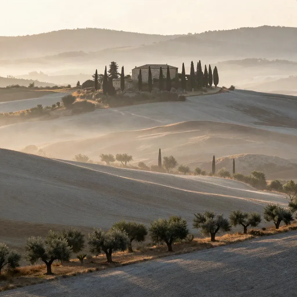 Collina toscana con cipressi e villa in pietra sopra una valle nebbiosa all’alba.