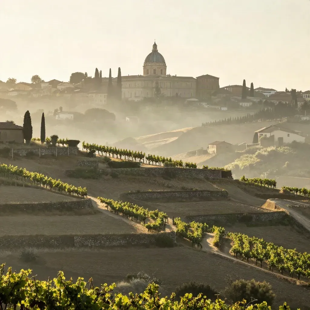 Terrazze di Frascati al tramonto con vigneti chiari e cupole lontane nella foschia