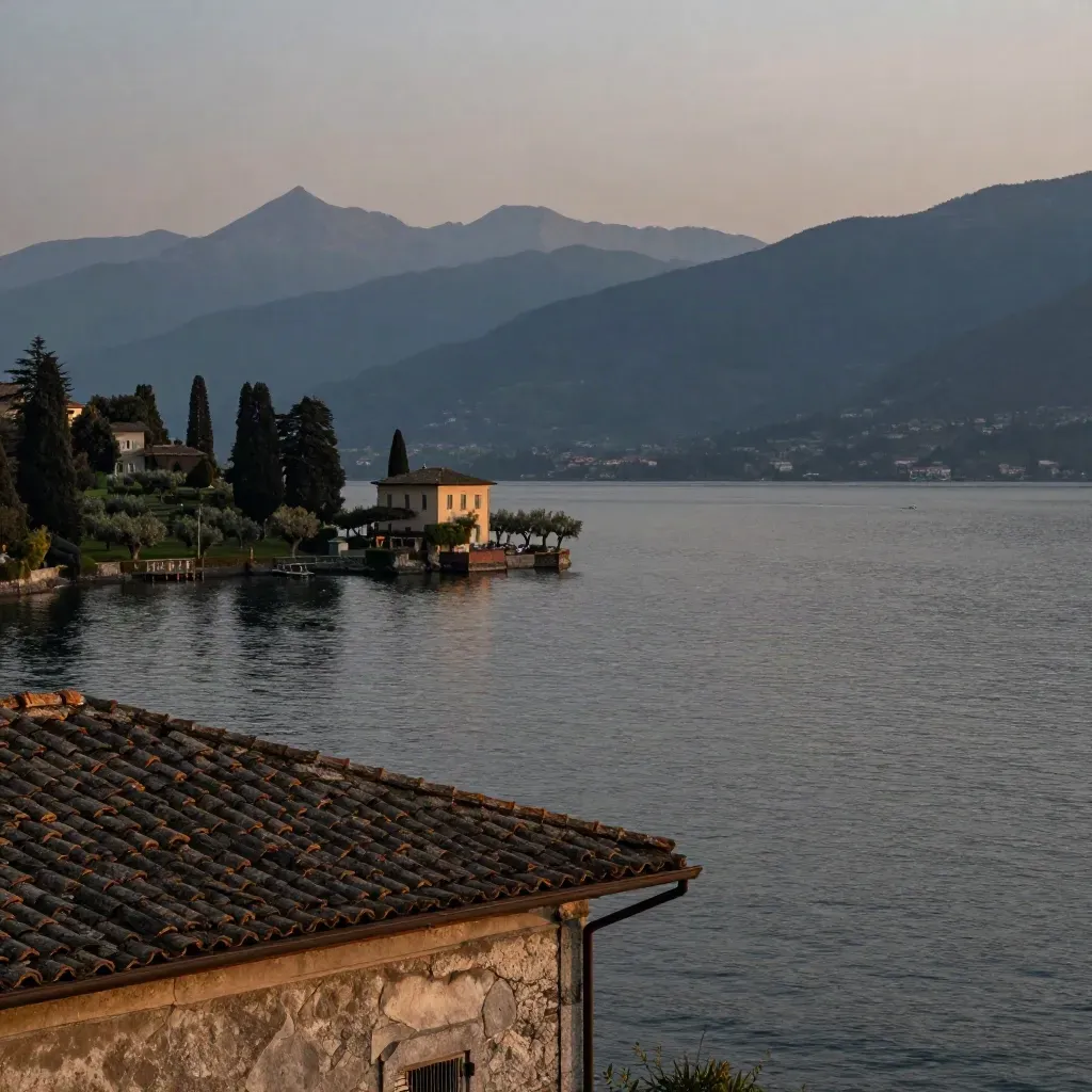 Veduta del Lago di Como al tramonto con villa in alto e lago calmo avvolto nella foschia