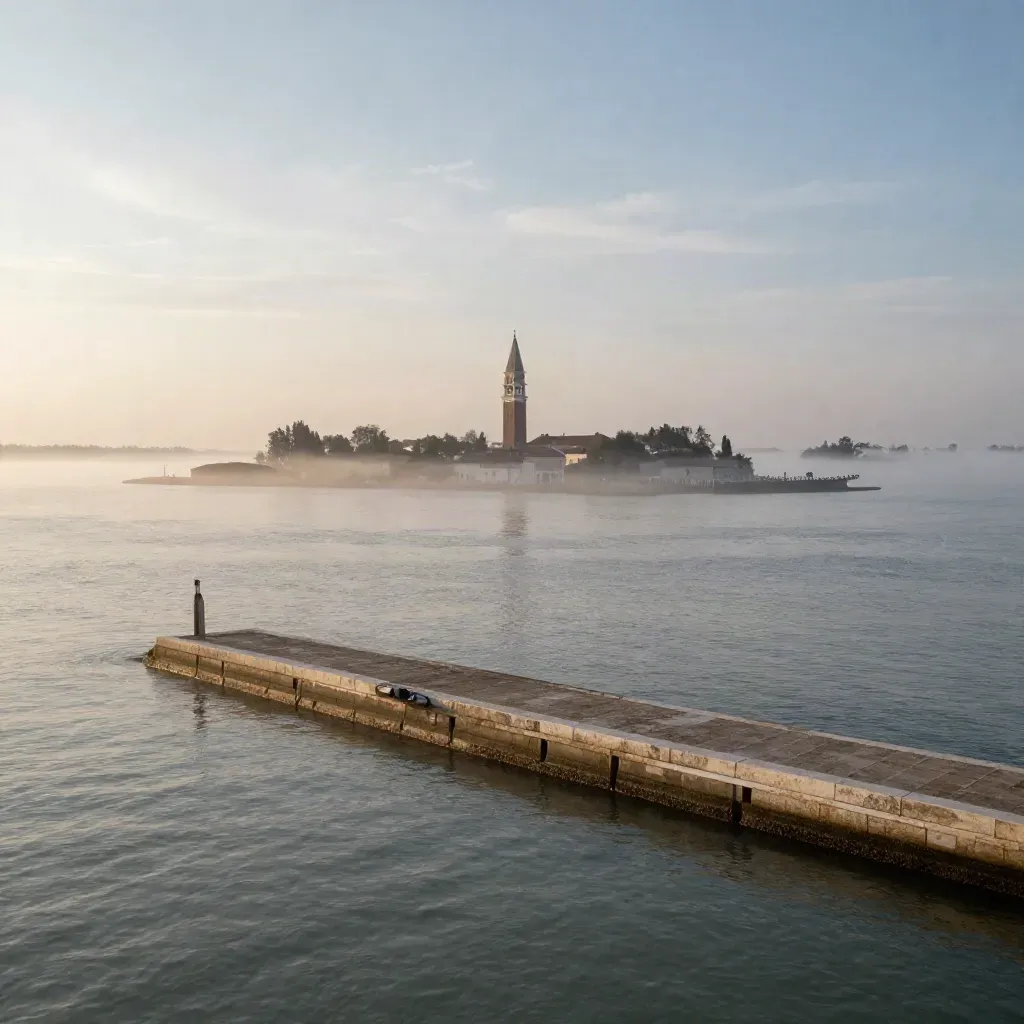 Laguna veneta al crepuscolo con campanile lontano e acqua pallida nella nebbia