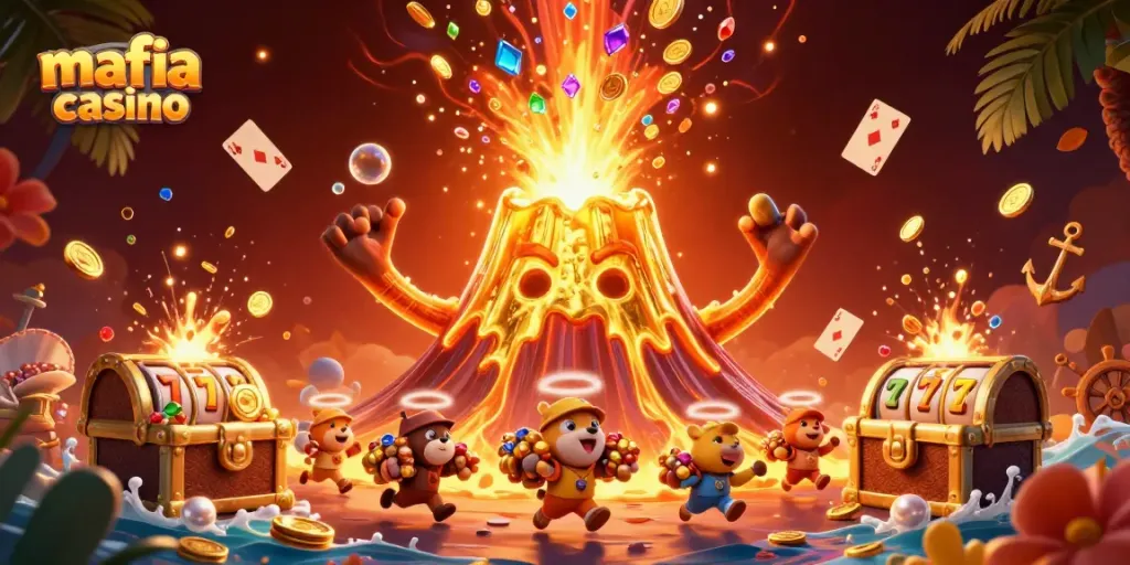 Mafia casino features a volcano with treasures, surrounded by vibrant slots and poker elements.